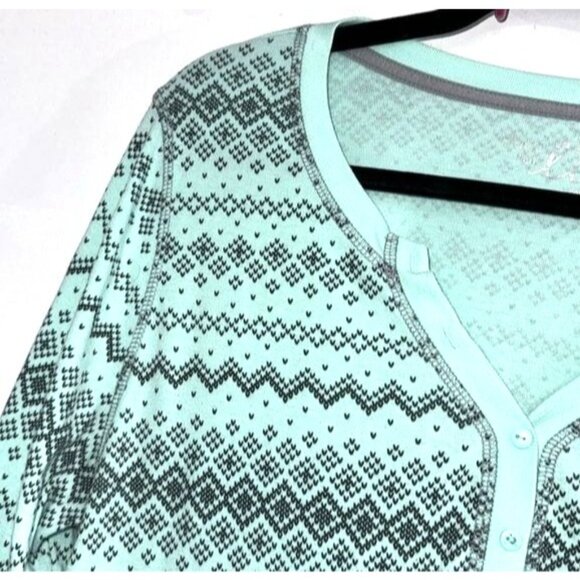 Made For Life Mint Green Fair Isle Print Henley Top Womens Size XL 100% Cotton L - Picture 2 of 7